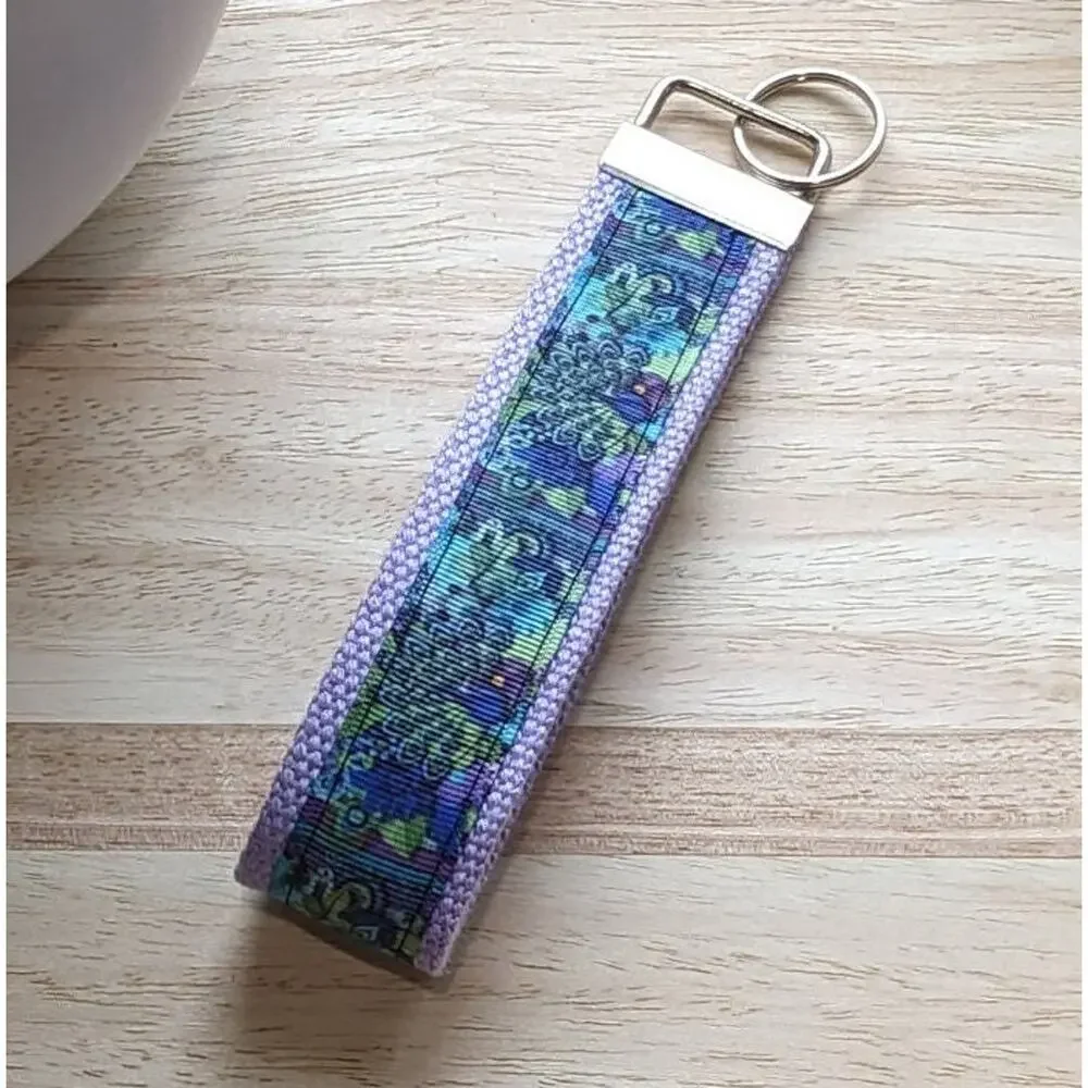 Peacock Keychain Wristlet Fabric Key FOB Gift Present Feathers Purple Green Bird